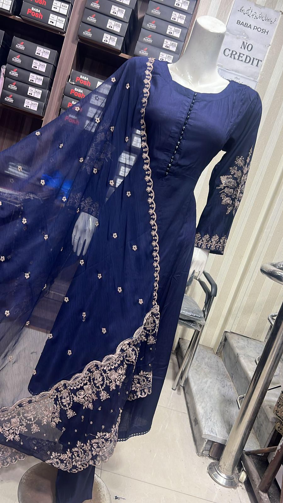Embroidered Linen Long Frock Dress with Heavy Embroidered Chiffon Dupatta (UMNAA)