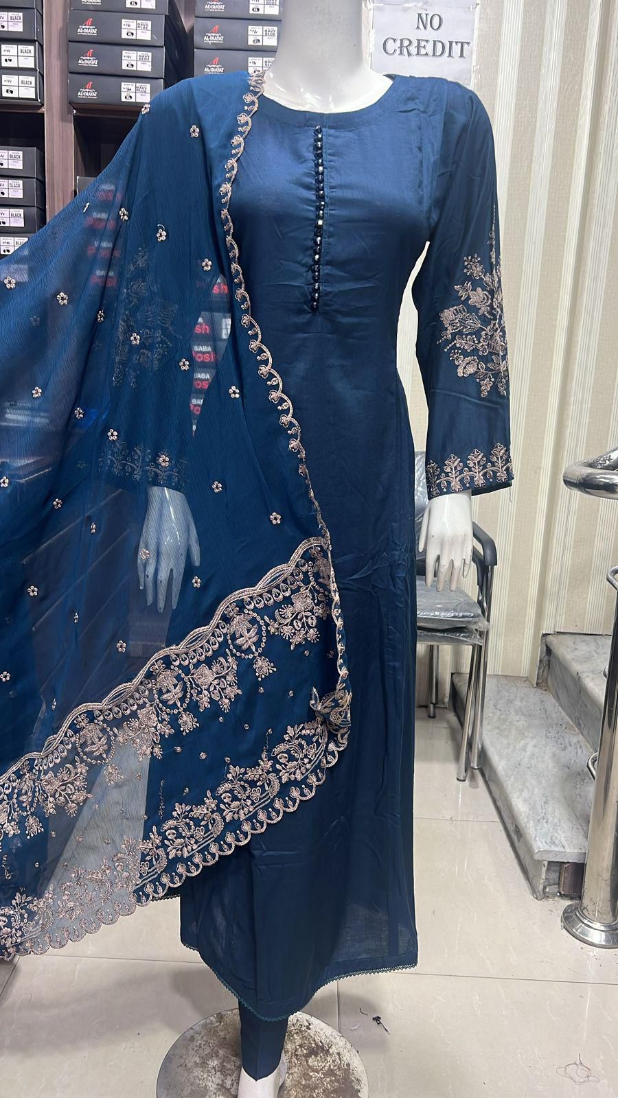 Embroidered Linen Long Frock Dress with Heavy Embroidered Chiffon Dupatta (UMNAA)