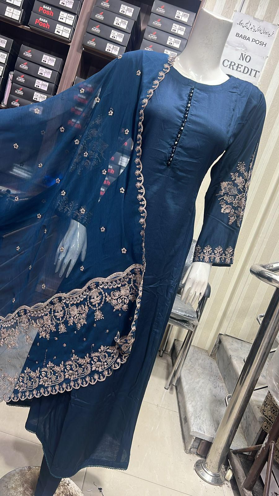 Embroidered Linen Long Frock Dress with Heavy Embroidered Chiffon Dupatta (UMNAA)