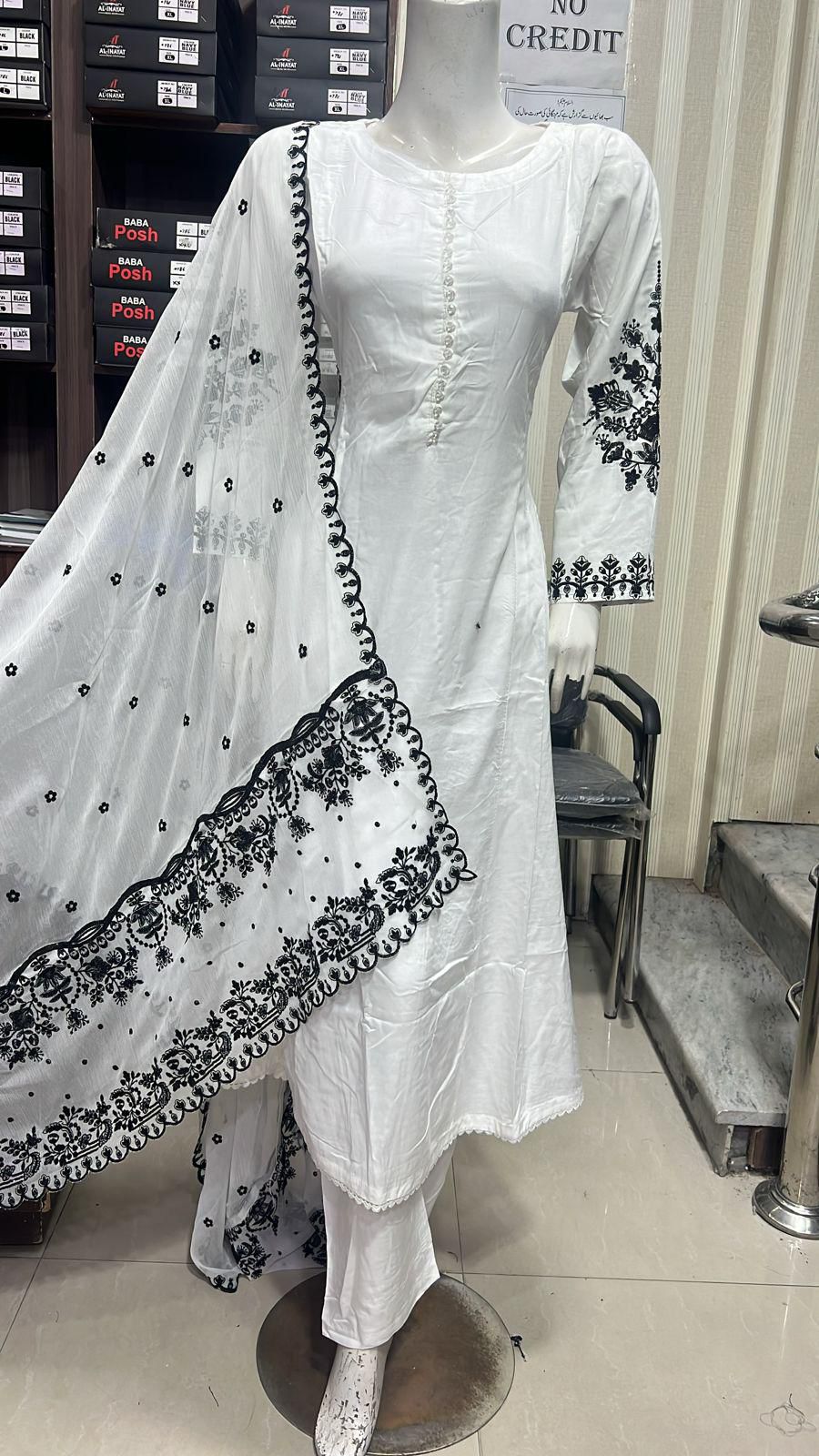 Embroidered Linen Long Frock Dress with Heavy Embroidered Chiffon Dupatta (UMNAA)