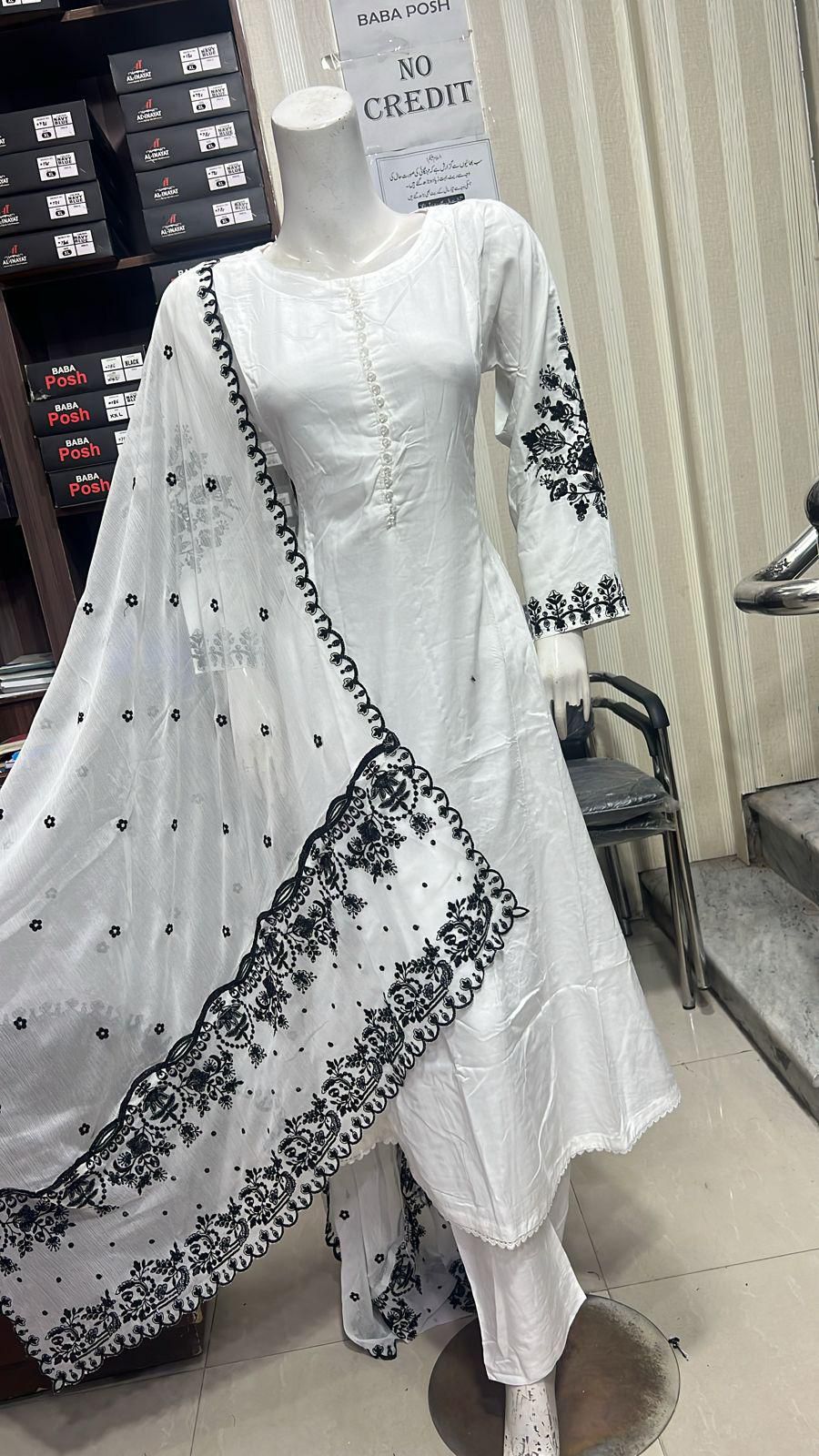 Embroidered Linen Long Frock Dress with Heavy Embroidered Chiffon Dupatta (UMNAA)