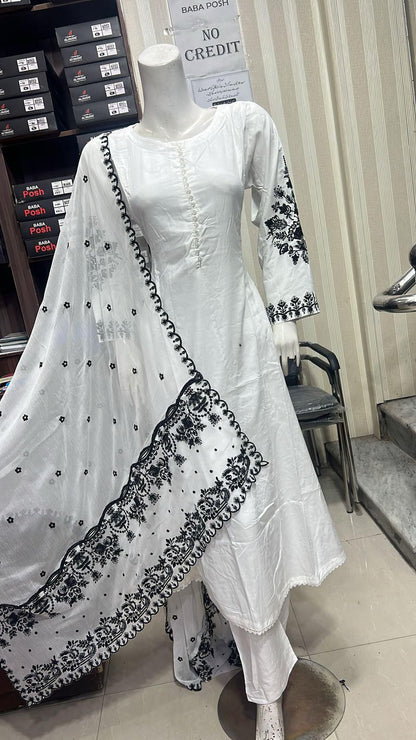 Embroidered Linen Long Frock Dress with Heavy Embroidered Chiffon Dupatta (UMNAA)