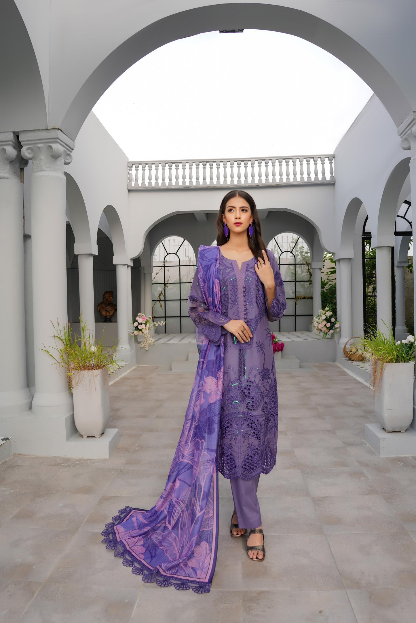 (Lavender) Heavy Embroidered Cotton Linen Ready to Wear Dress - MUNIRA