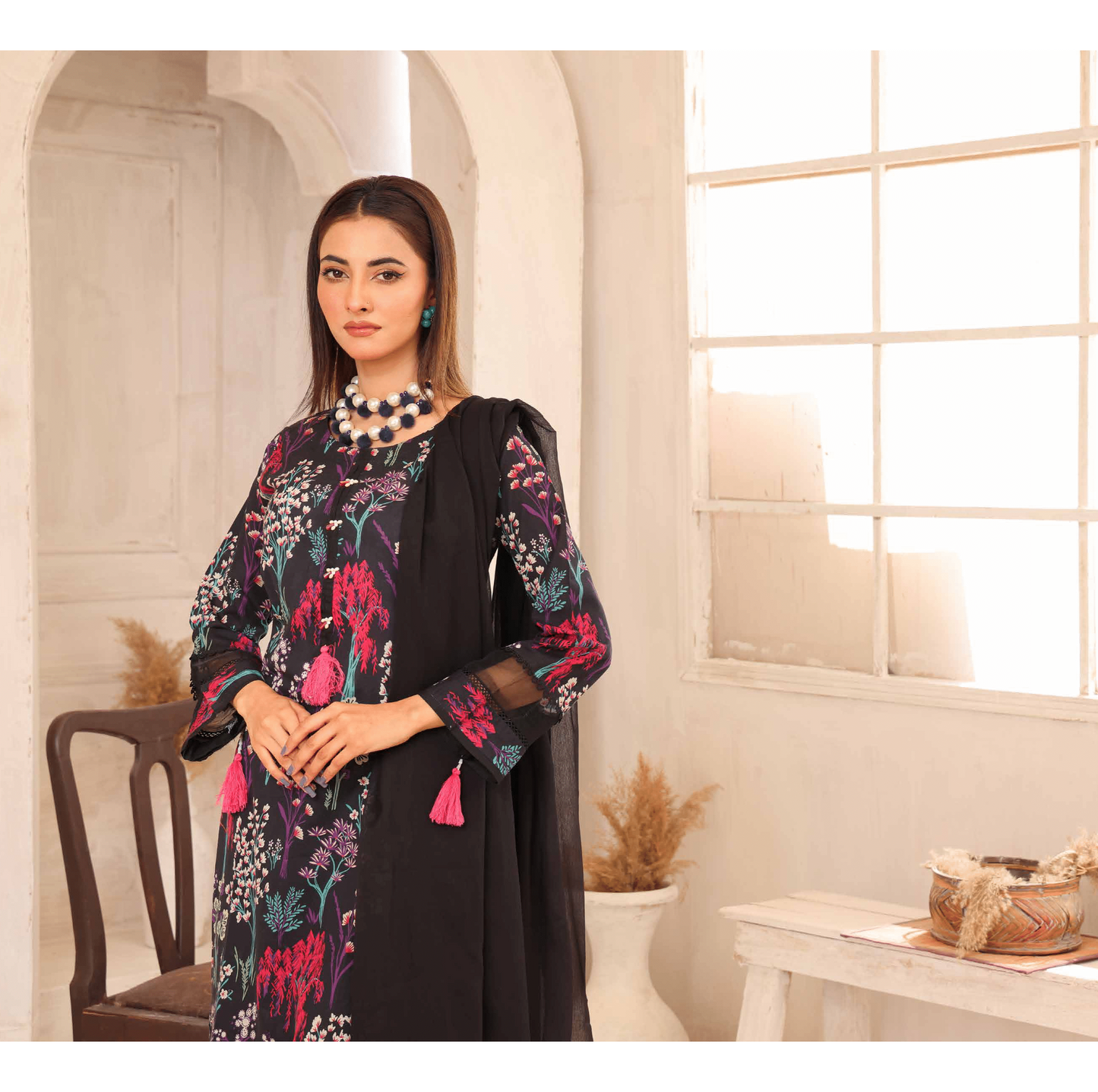 (Black) Printed Lawn 3 Pc Dress By Simrans