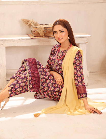 (Brown) Printed Lawn 3 Pc Dress By Simrans