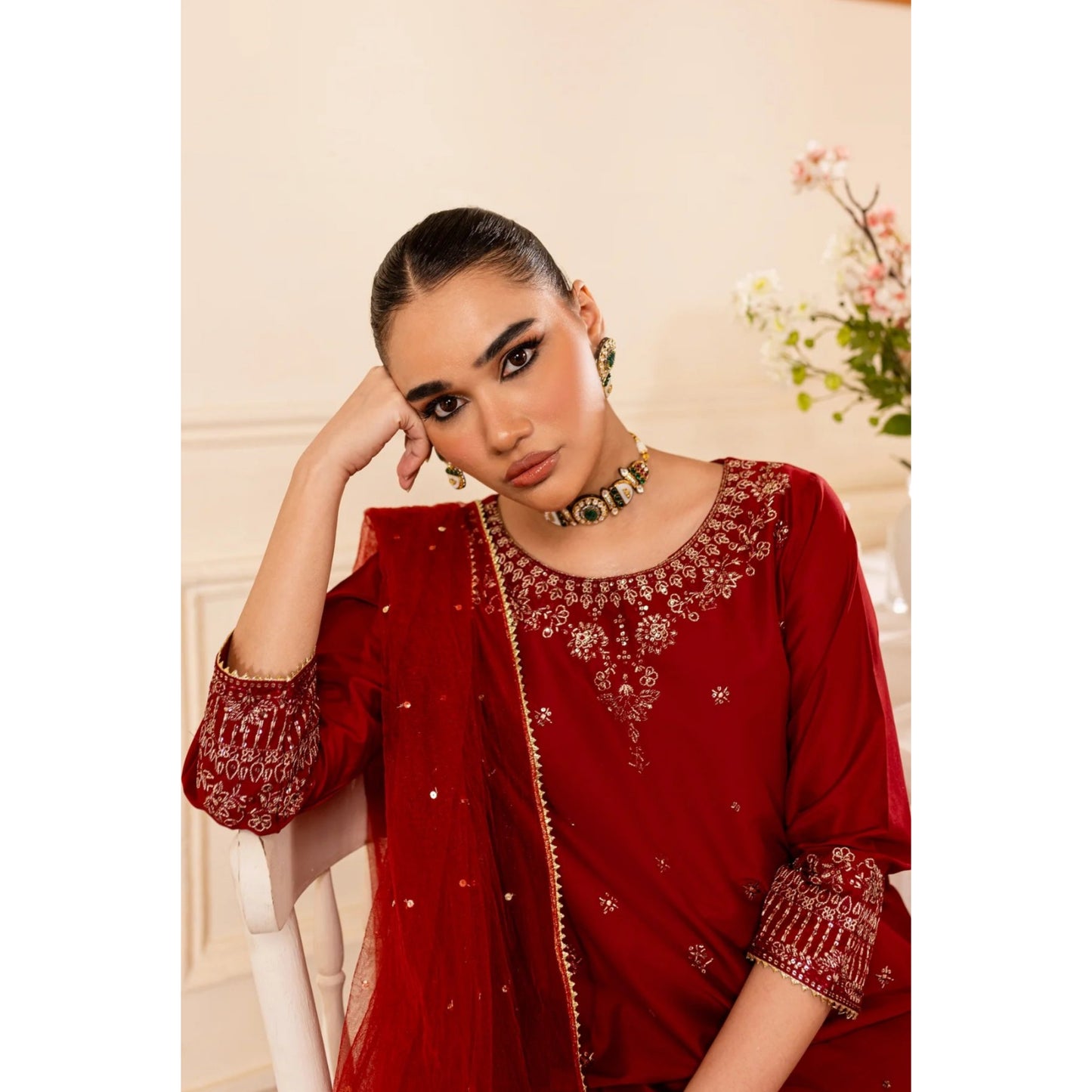 UA-70 (Maroon) 3 Pc Embroidered Cambric Cotton Collection  | Ready to Wear | UMNAA