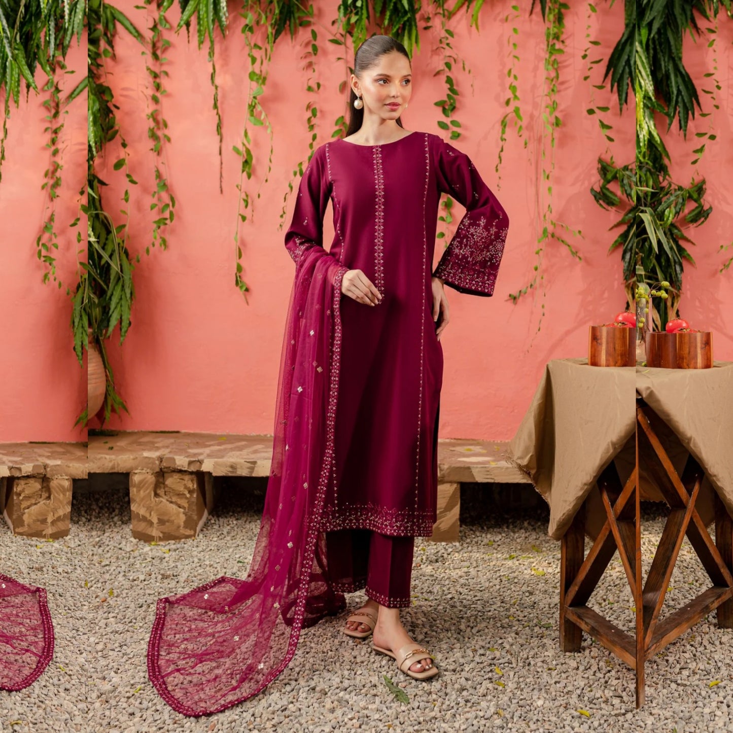 UA-74 (Burgundy) 3 Pc Embroidered Cambric Cotton Collection  | Ready to Wear | UMNAA