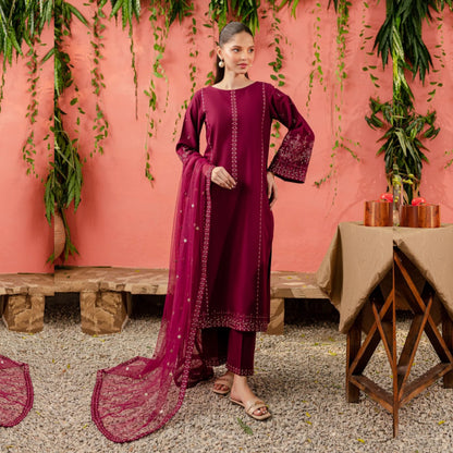 UA-74 (Burgundy) 3 Pc Embroidered Cambric Cotton Collection  | Ready to Wear | UMNAA