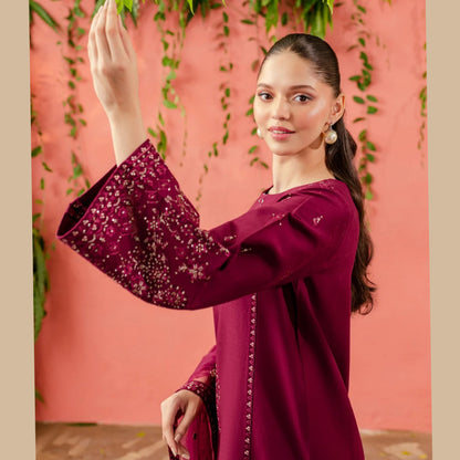 UA-74 (Burgundy) 3 Pc Embroidered Cambric Cotton Collection  | Ready to Wear | UMNAA