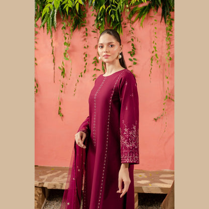 UA-74 (Burgundy) 3 Pc Embroidered Cambric Cotton Collection  | Ready to Wear | UMNAA