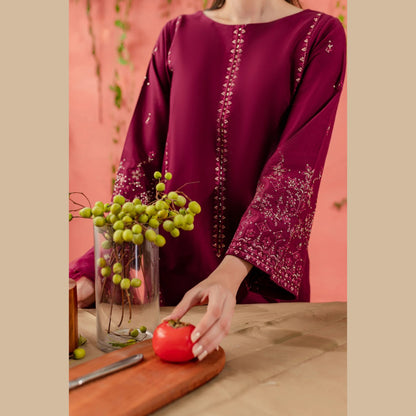 UA-74 (Burgundy) 3 Pc Embroidered Cambric Cotton Collection  | Ready to Wear | UMNAA