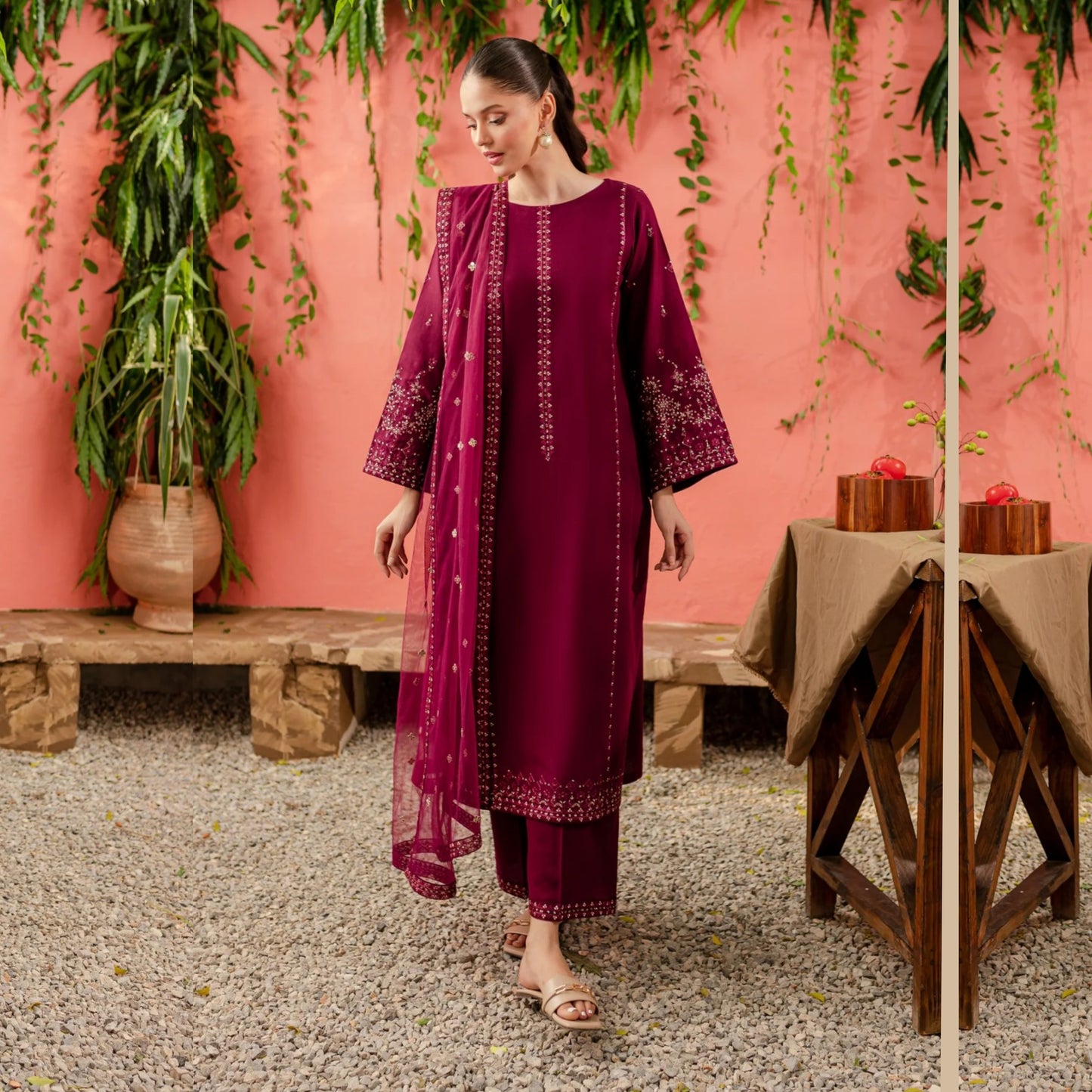 UA-74 (Burgundy) 3 Pc Embroidered Cambric Cotton Collection  | Ready to Wear | UMNAA