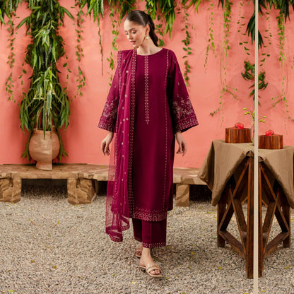 UA-74 (Burgundy) 3 Pc Embroidered Cambric Cotton Collection  | Ready to Wear | UMNAA