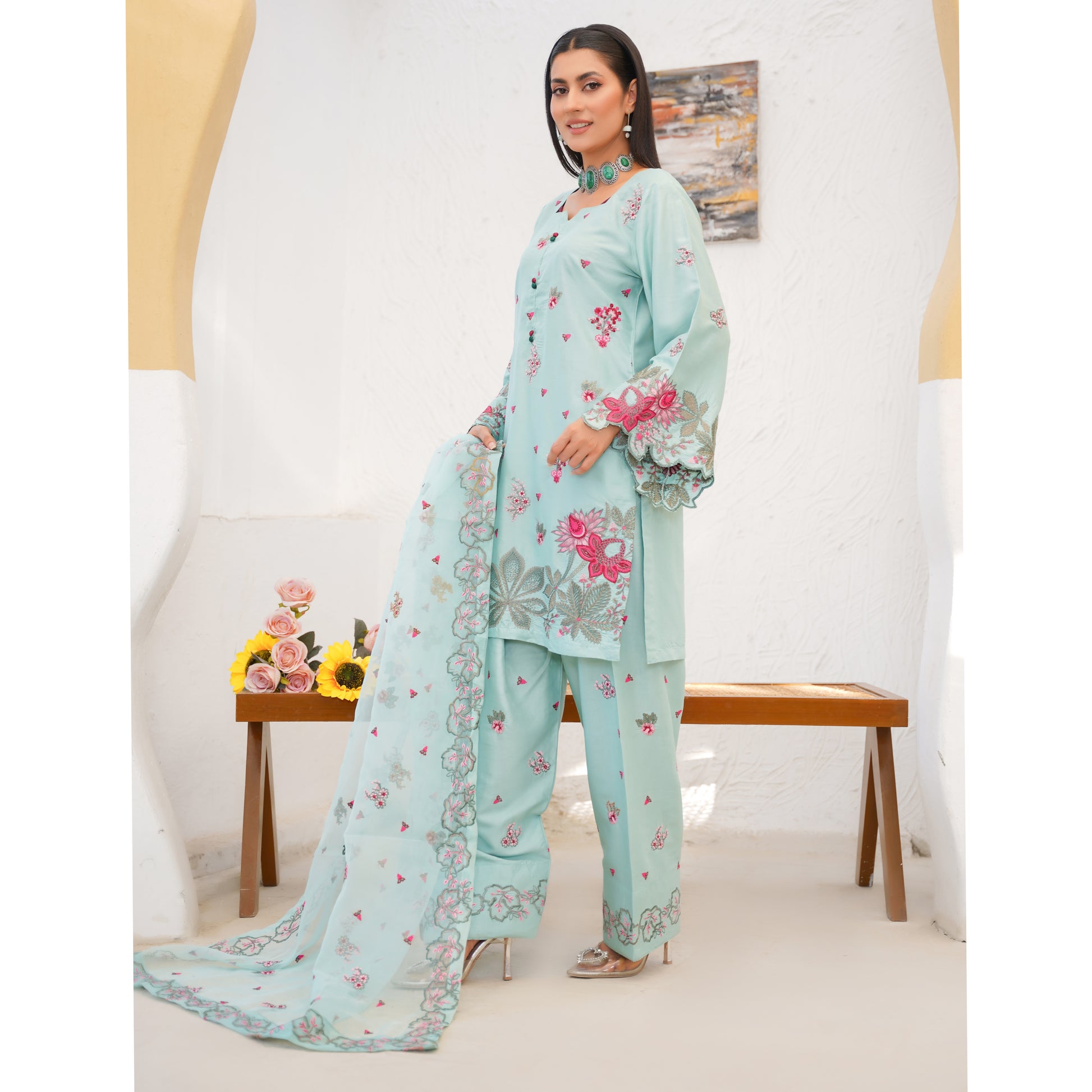 UA-76 (Sea Green) Embroidered Linen 3 Pc Pakistani Dress | Ready to we Umnaa UA-76 (Sea Green) Embroidered Linen 3 Pc Pakistani Dress | Ready to we Umnaa