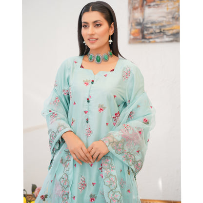 UA-76 (Sea Green) Embroidered Linen 3 Pc Pakistani Dress | Ready to wear | UMNAA