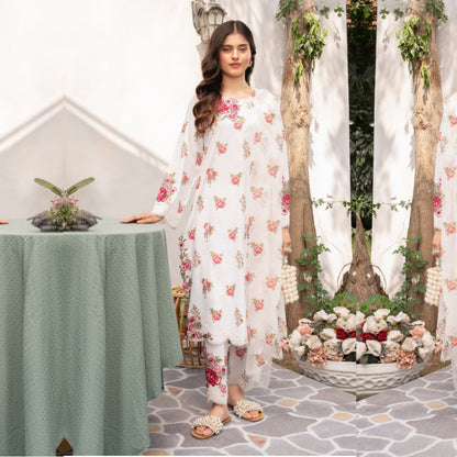 UA-68 (Cream) Embroidered Cambric Cotton 3 Pc Pakistani Dress | UMNAA