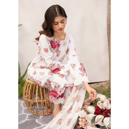 UA-68 (Cream) Embroidered Cambric Cotton 3 Pc Pakistani Dress | UMNAA