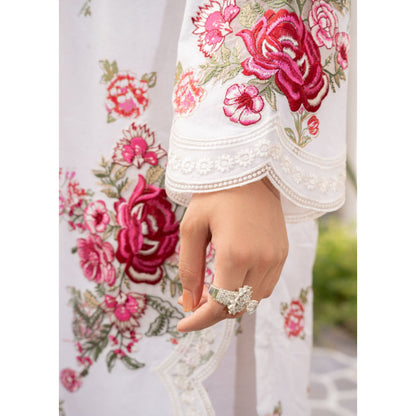 UA-68 (Cream) Embroidered Cambric Cotton 3 Pc Pakistani Dress | UMNAA