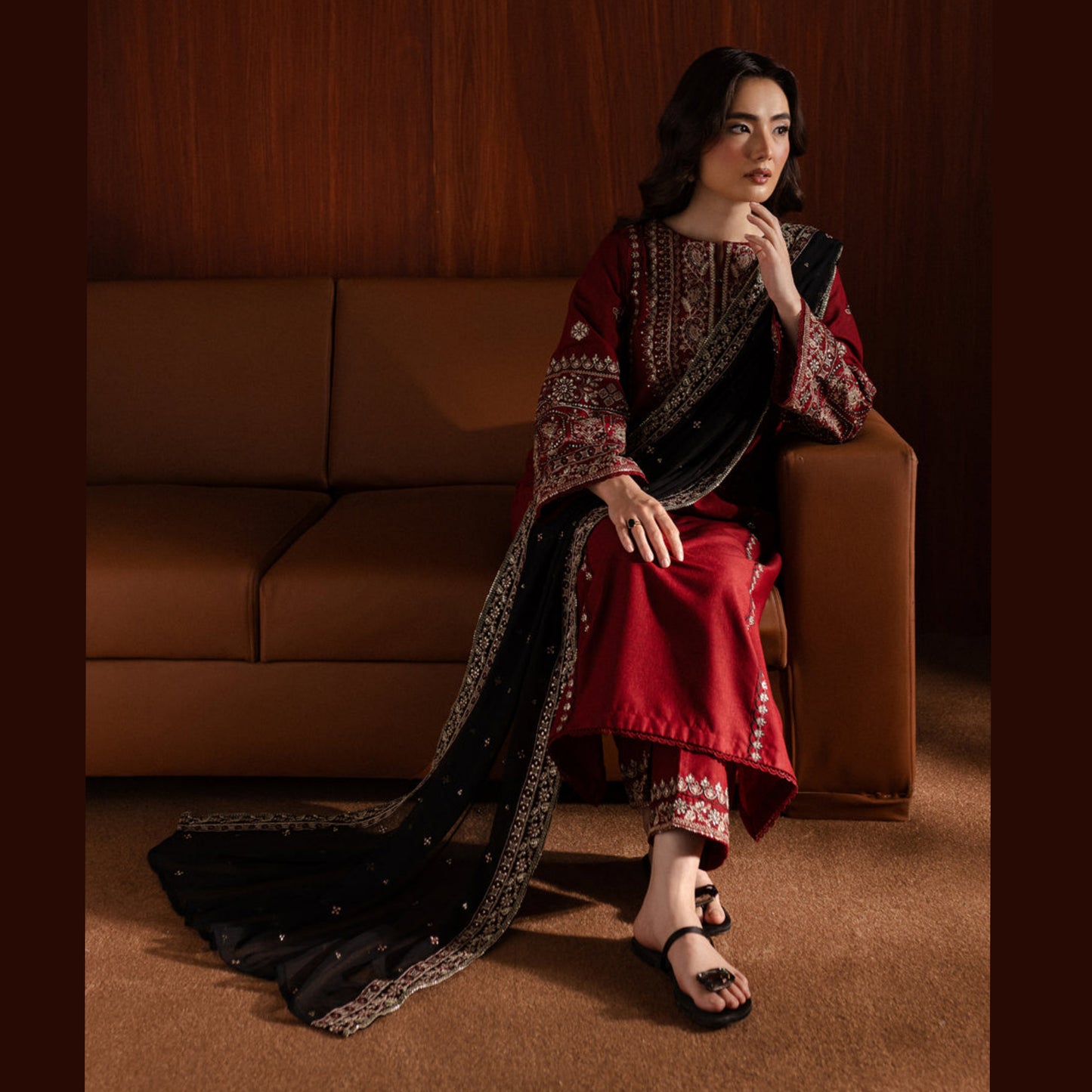 (Maroon) 3 Pc Embroidered Cambric Cotton Collection  | Ready to Wear | UMNAA