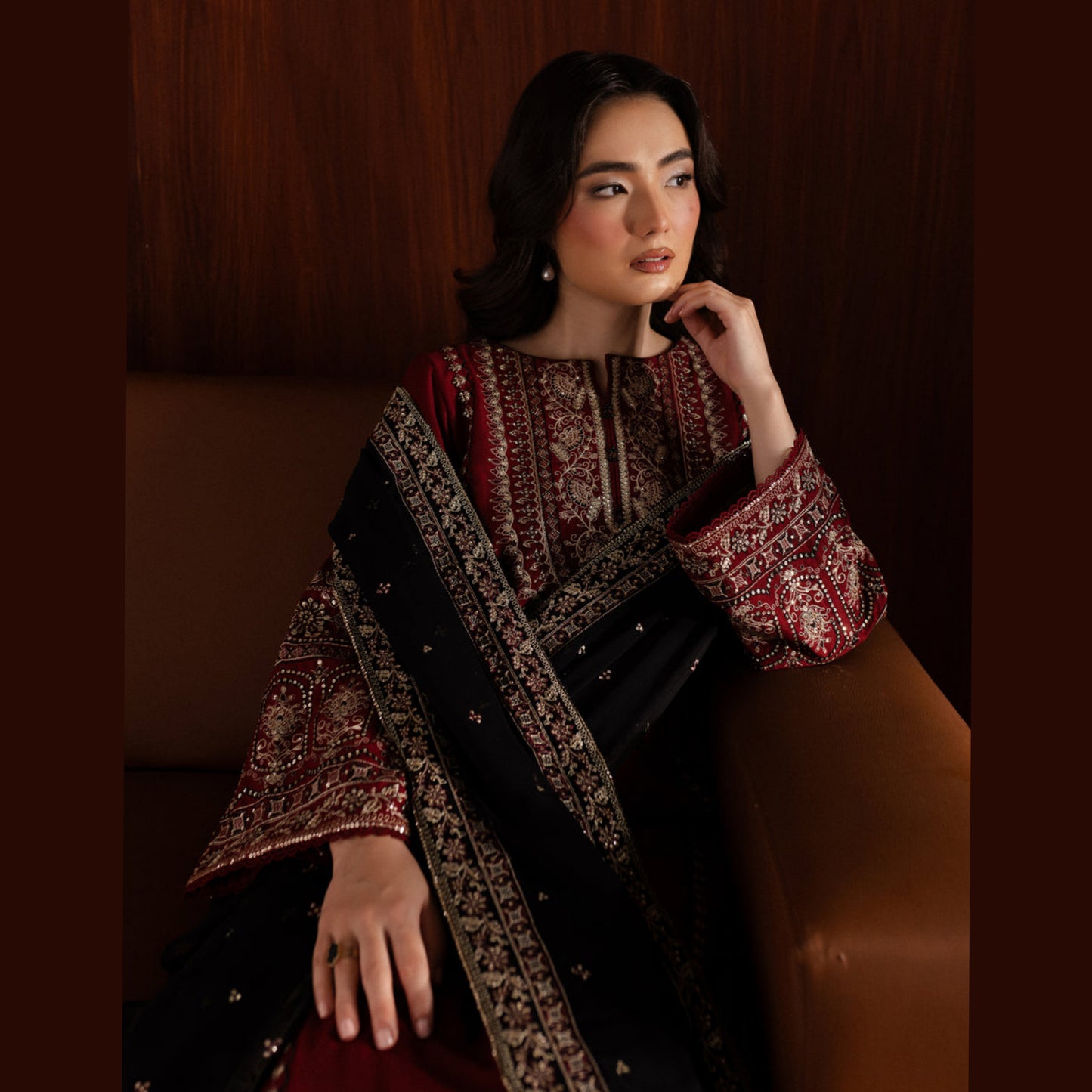 (Maroon) 3 Pc Embroidered Cambric Cotton Collection  | Ready to Wear | UMNAA