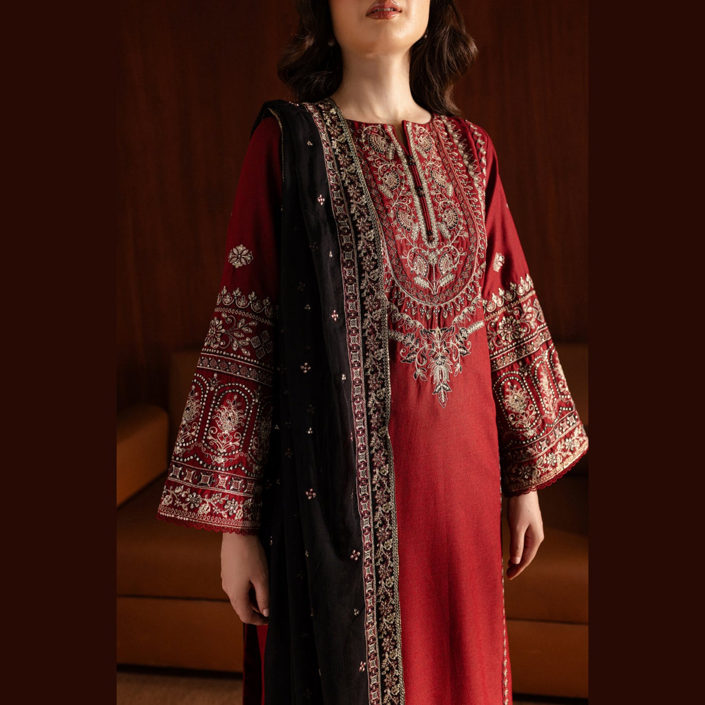 (Maroon) 3 Pc Embroidered Cambric Cotton Collection  | Ready to Wear | UMNAA