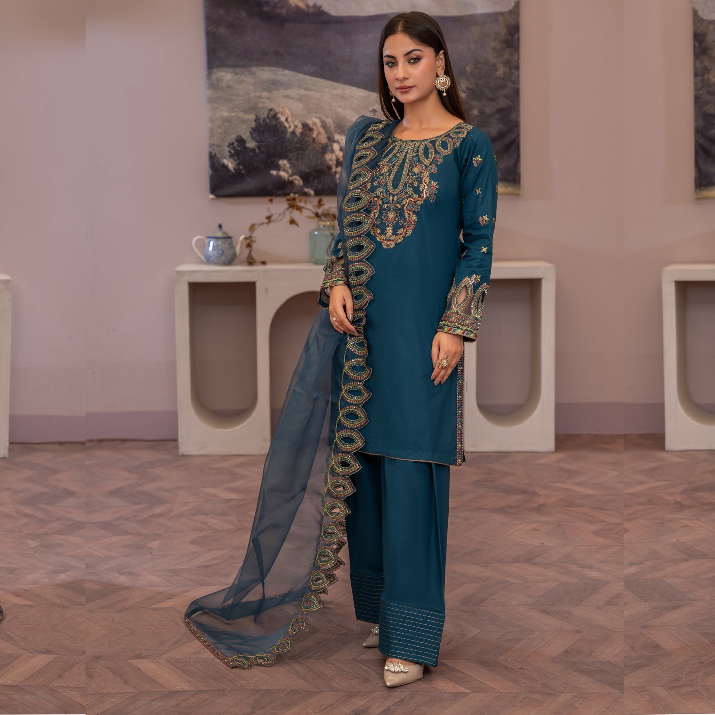 (Teal Blue) Luxury Cambric Cotton Farshi Shalwar Ready to Wear Pakistani Dress | Umnaa