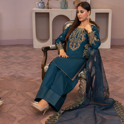 UA-81 (Teal Blue) Luxury Cambric Cotton Farshi Shalwar Ready to Wear Pakistani Dress | Umnaa