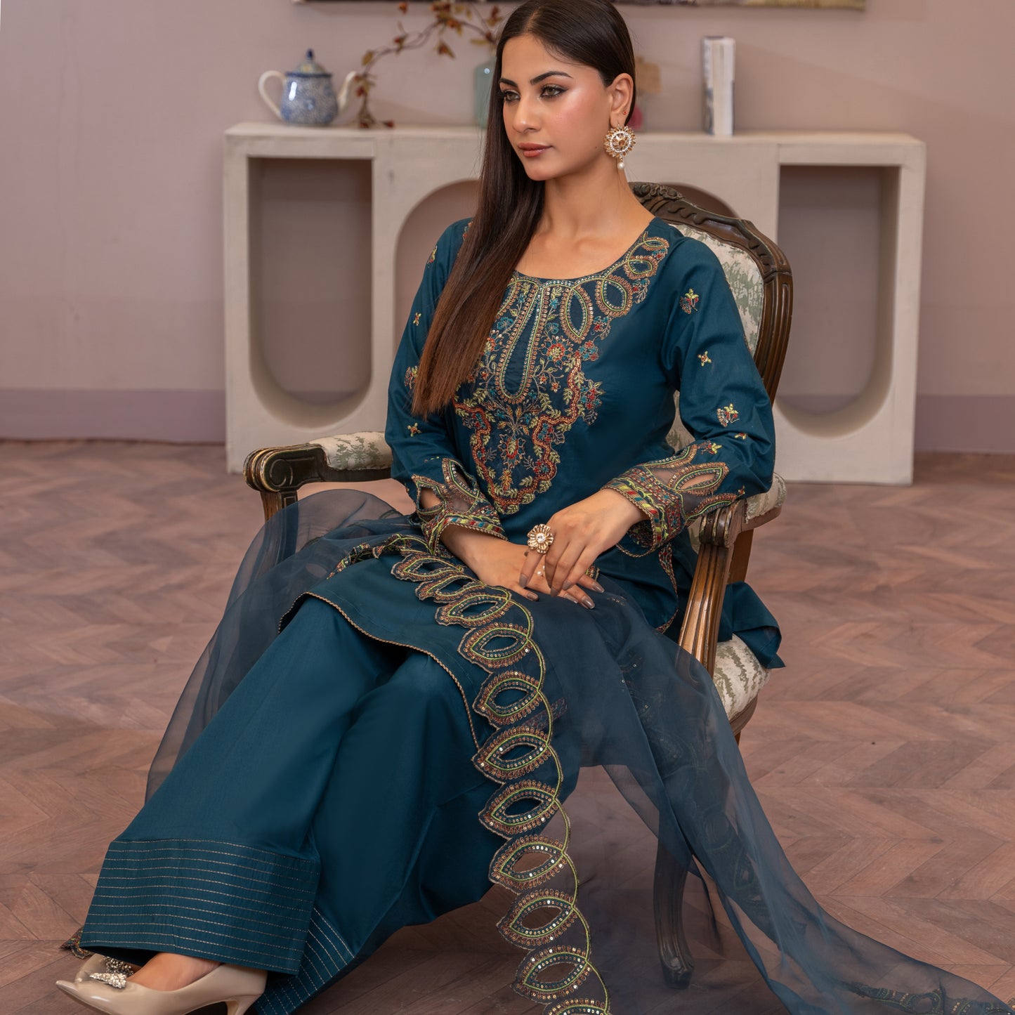 (Teal Blue) Luxury Cambric Cotton Farshi Shalwar Ready to Wear Pakistani Dress | Umnaa