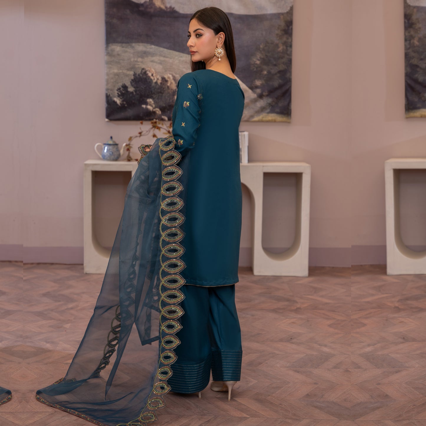 (Teal Blue) Luxury Cambric Cotton Farshi Shalwar Ready to Wear Pakistani Dress | Umnaa