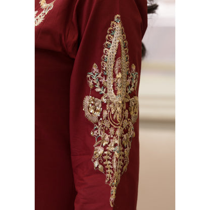 UA-84 (Maroon) Embroidered Cambric Cotton Ready to wear Dress | Umnaa