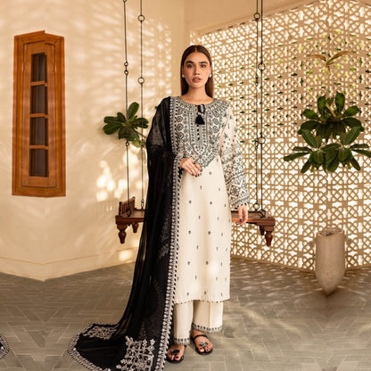 UA-87 (Cream) 3 Pc Embroidered Cambric Cotton Dress | Ready to Wear | Umnaa