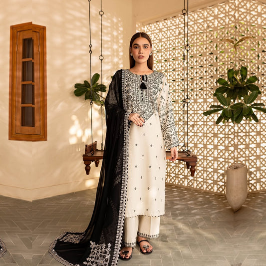 UA-87 (Cream) 3 Pc Embroidered Cambric Cotton Dress | Ready to Wear | Umnaa