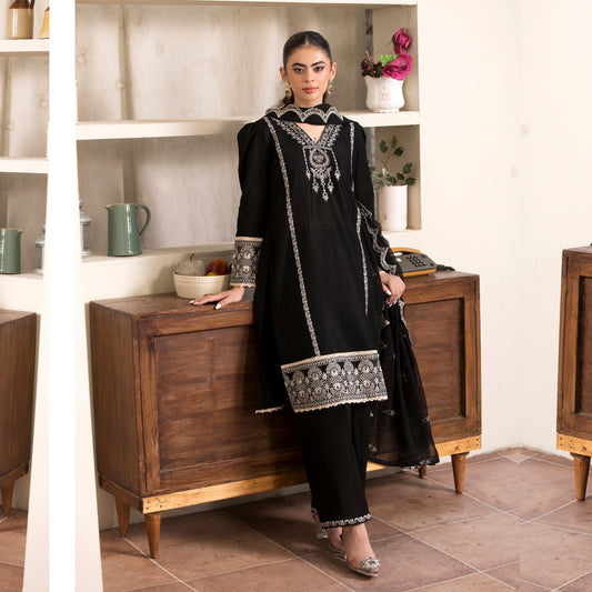 UA-88 (Black) 3 Pc Embroidered Luxury Cambric Cotton Dress | Ready to Wear | Umnaa