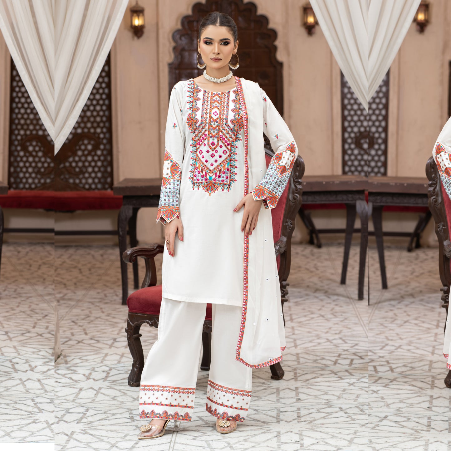 UA-100 (Cream) Embroidered Cambric Cotton 3 Pc Ready to Wear Dress by Umnaa