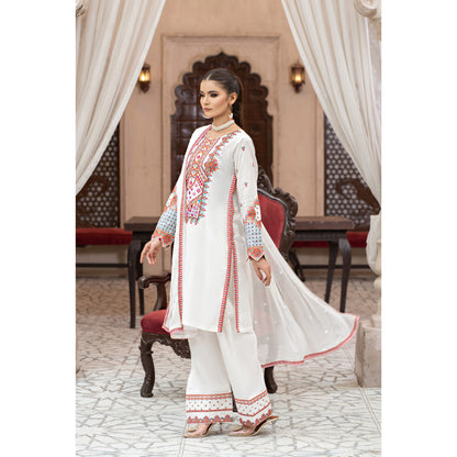 UA-100 (Cream) Embroidered Cambric Cotton 3 Pc Ready to Wear Dress by Umnaa