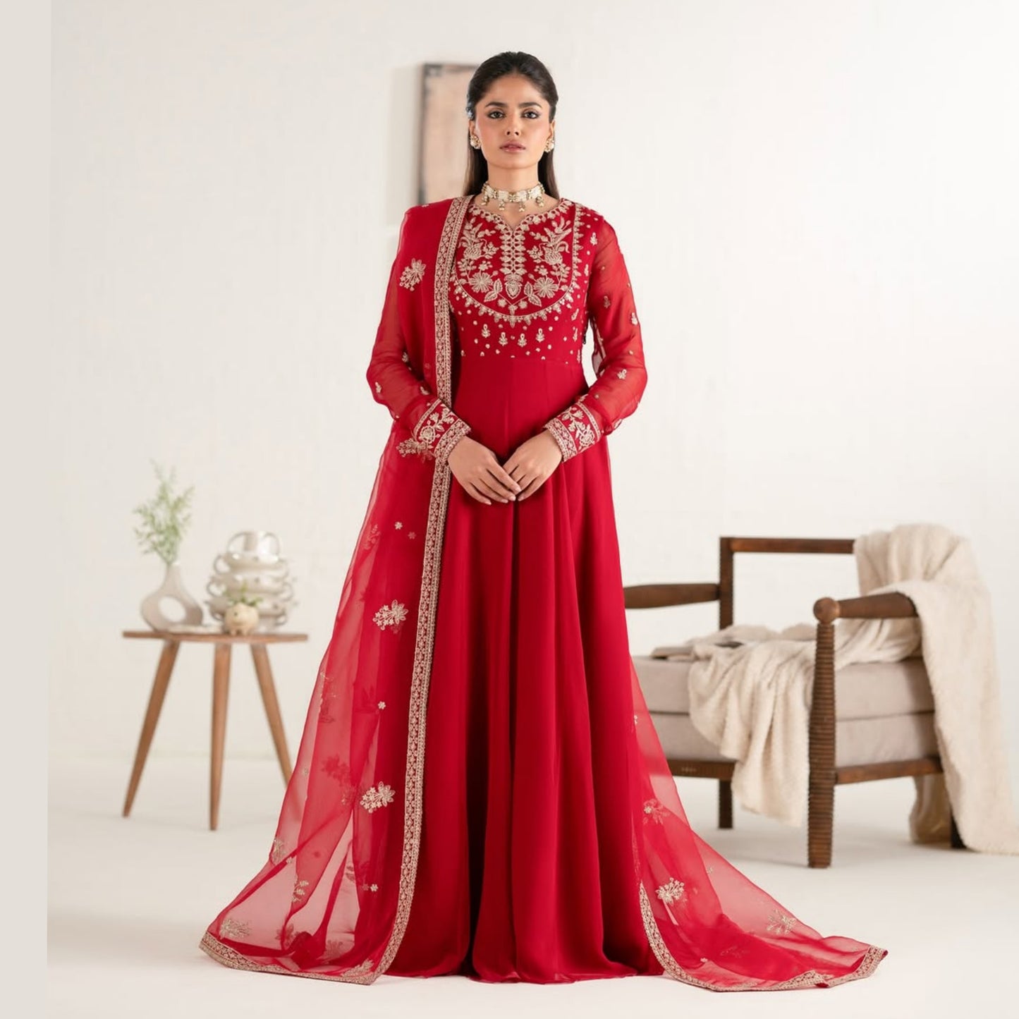 UA-105 Luxury Embroidered Chiffon Long Frock Dress by Umnaa