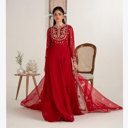 UA-105 Luxury Embroidered Chiffon Long Frock Dress by Umnaa