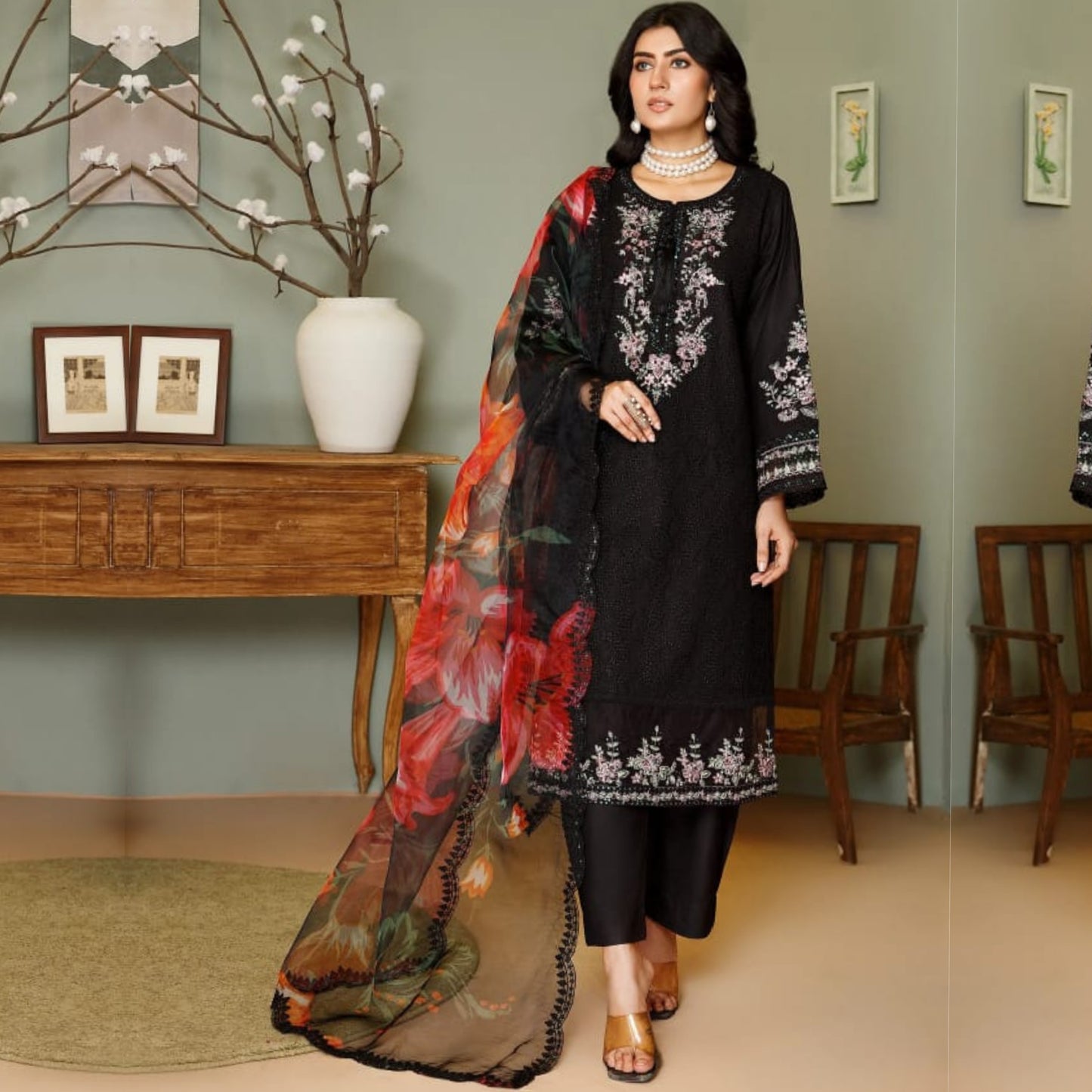 UA-134 Dhanak Chikenkari Embroidered Dhanak Asian dress 3 Pc | Ready to Wear | Umnaa