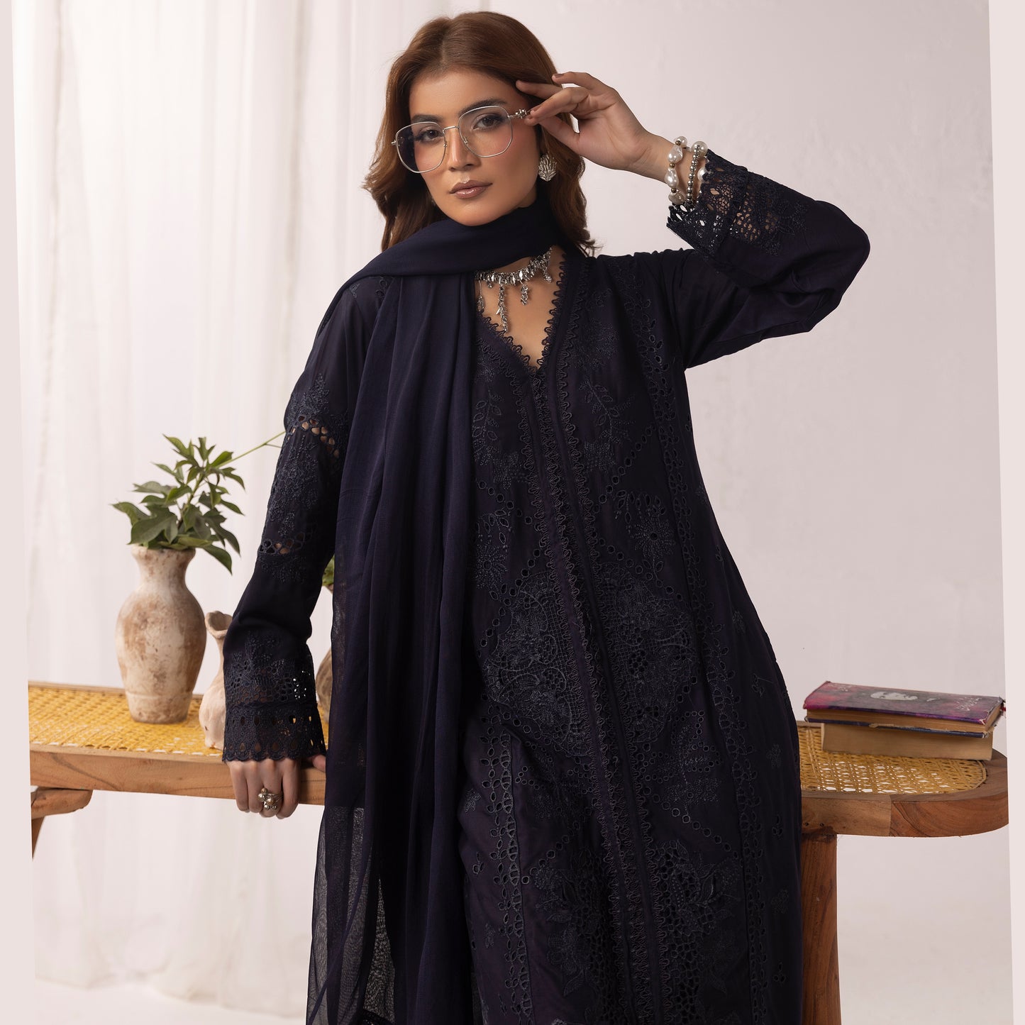 UMS-43 Qalamkar x Simrans Embroidered Winter Linen dress by Simrans | Ready to Wear | Asian Clothes