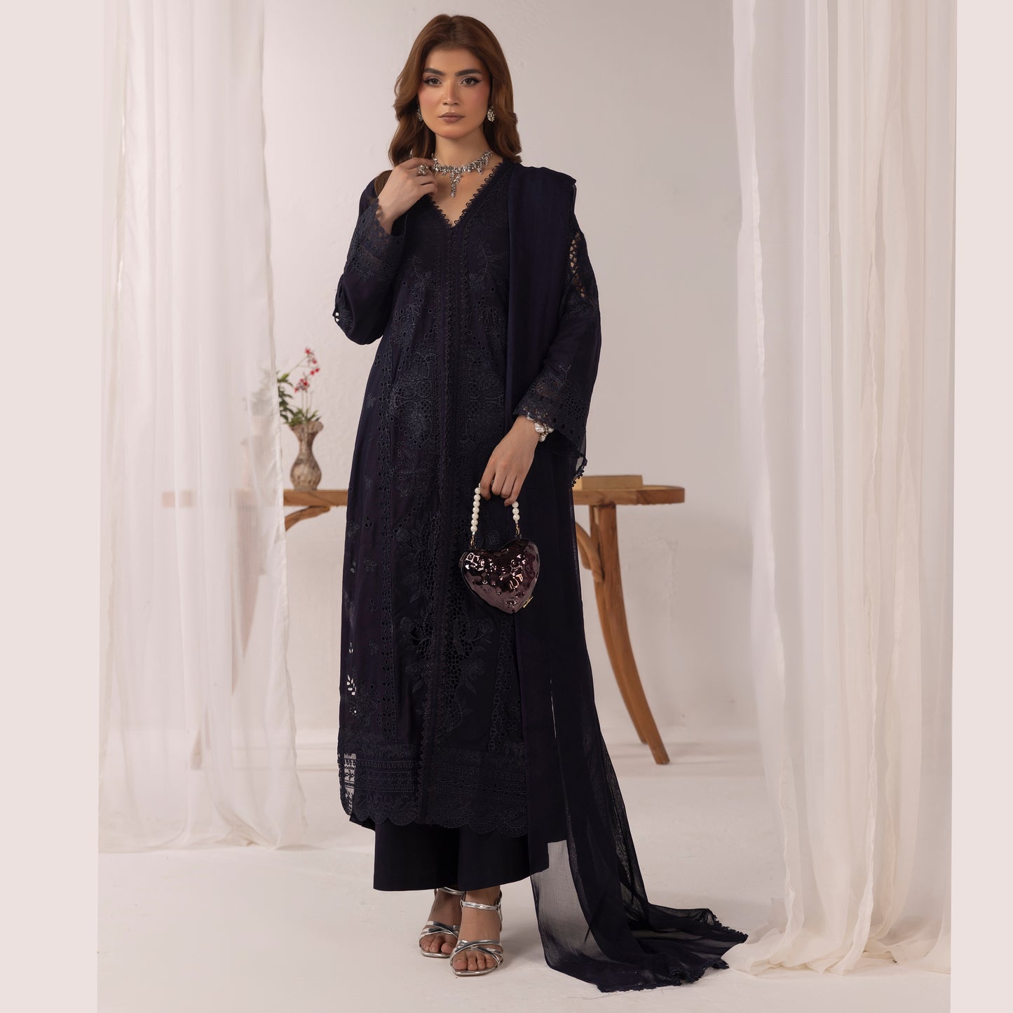 UMS-43 Qalamkar x Simrans Embroidered Winter Linen dress by Simrans | Ready to Wear | Asian Clothes