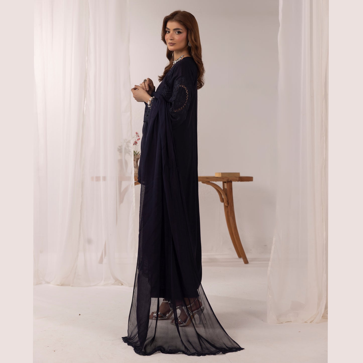 UMS-43 Qalamkar x Simrans Embroidered Winter Linen dress by Simrans | Ready to Wear | Asian Clothes