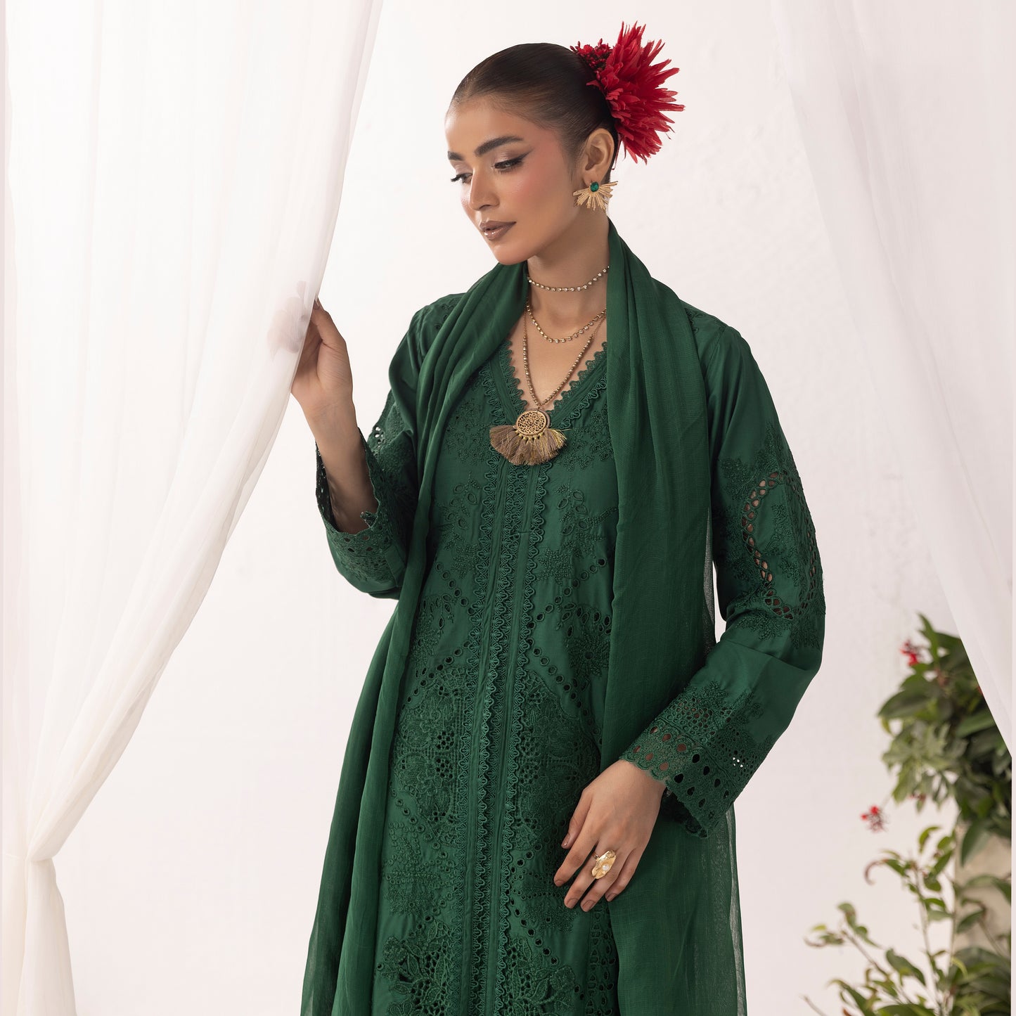UMS-43 Qalamkar x Simrans Embroidered Winter Linen dress by Simrans | Ready to Wear | Asian Clothes