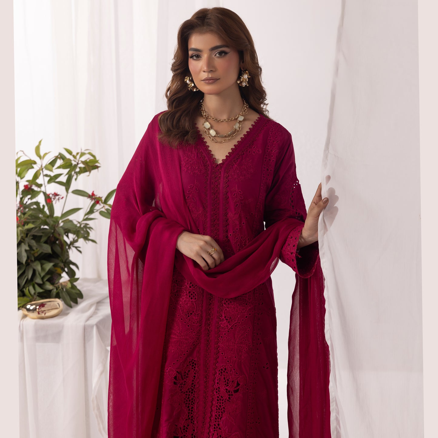 UMS-43 Qalamkar x Simrans Embroidered Winter Linen dress by Simrans | Ready to Wear | Asian Clothes