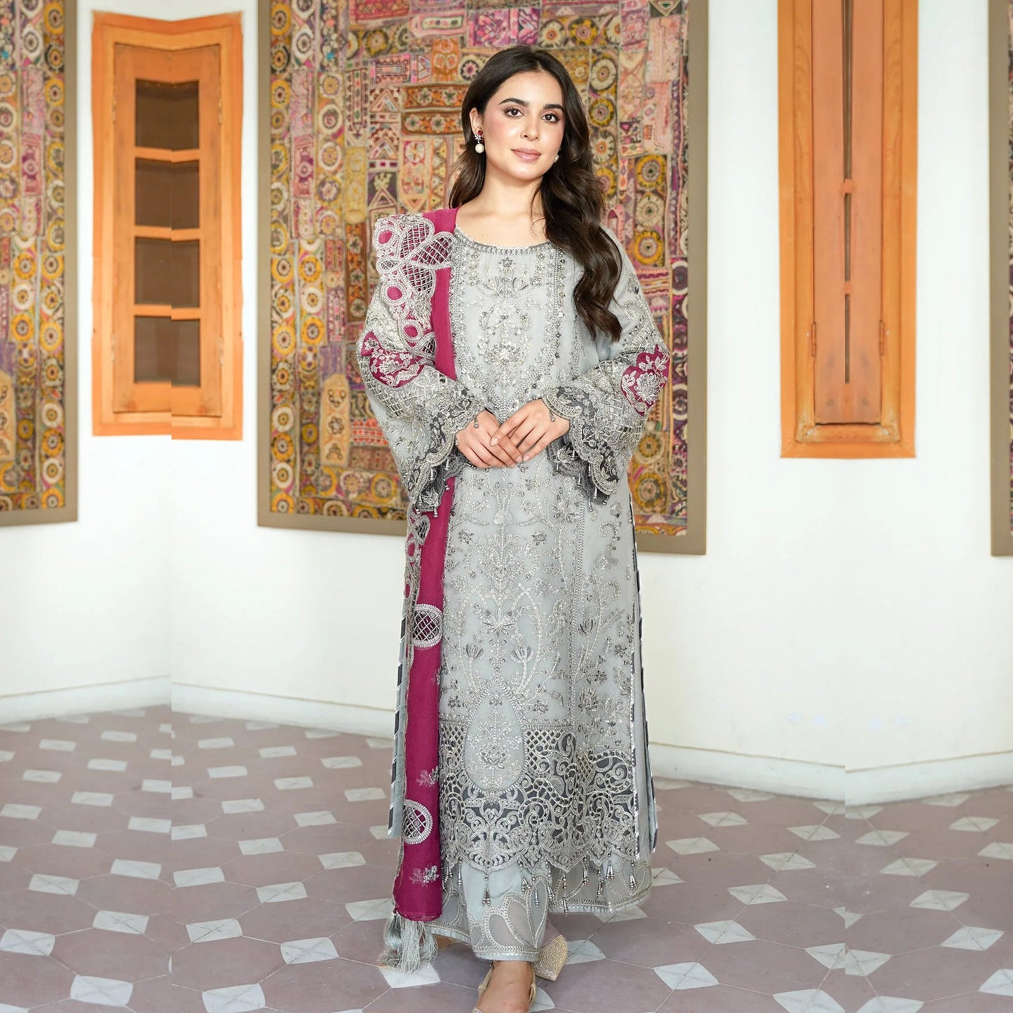 UA-153 IMROZIA inspired Luxury Feztive Embroidered Ready to Wear Dress by Umnaa