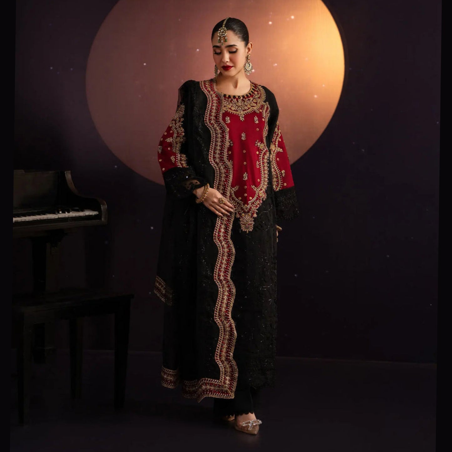 USP-03 Elegant Organza 3 Piece Suit – Embroidered Sitara Work Shirt with Organza Dupatta & Katan Trouser | Festive Party Wear