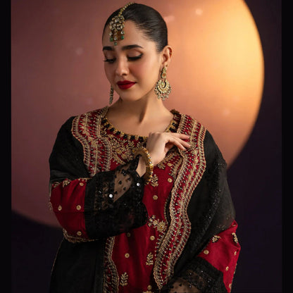 USP-03 Elegant Organza 3 Piece Suit – Embroidered Sitara Work Shirt with Organza Dupatta & Katan Trouser | Festive Party Wear