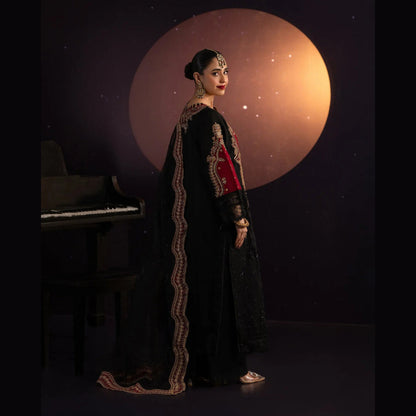 USP-03 Elegant Organza 3 Piece Suit – Embroidered Sitara Work Shirt with Organza Dupatta & Katan Trouser | Festive Party Wear