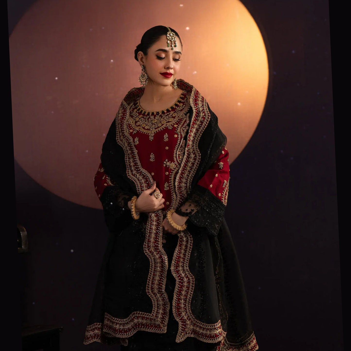 USP-03 Elegant Organza 3 Piece Suit – Embroidered Sitara Work Shirt with Organza Dupatta & Katan Trouser | Festive Party Wear