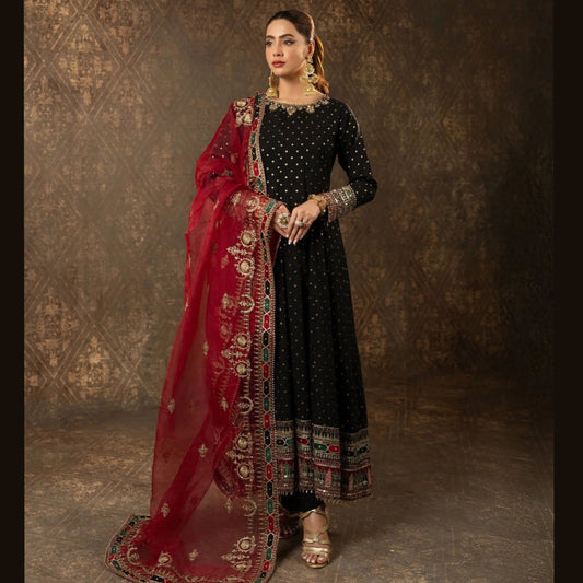 USP-04 Embroidered Frock with Organza Dupatta & Katan Trouser | Festive Wedding Wear by Sha Posh