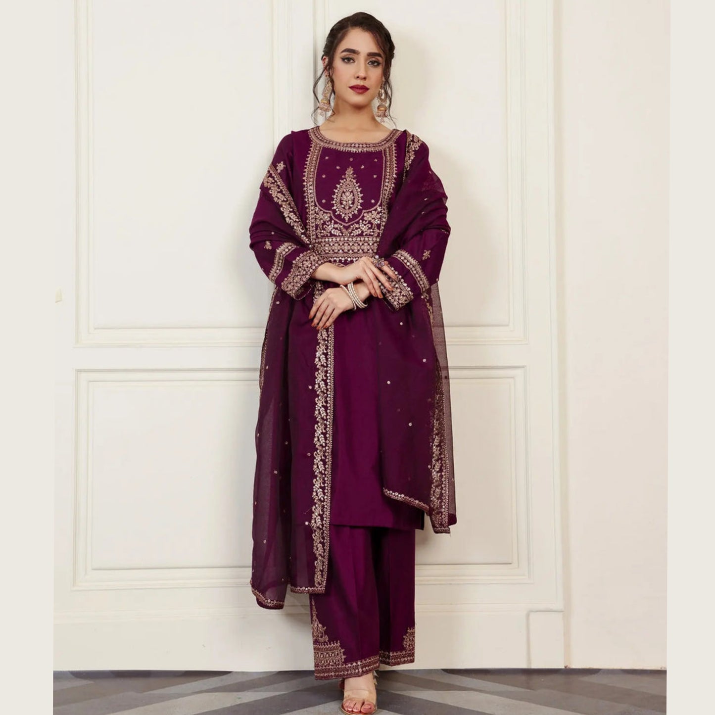 USP-05 Luxury Tilla Embroidered 3-Piece Suit with Organza Dupatta | Chambray Katan Party Wear by Sha Posh